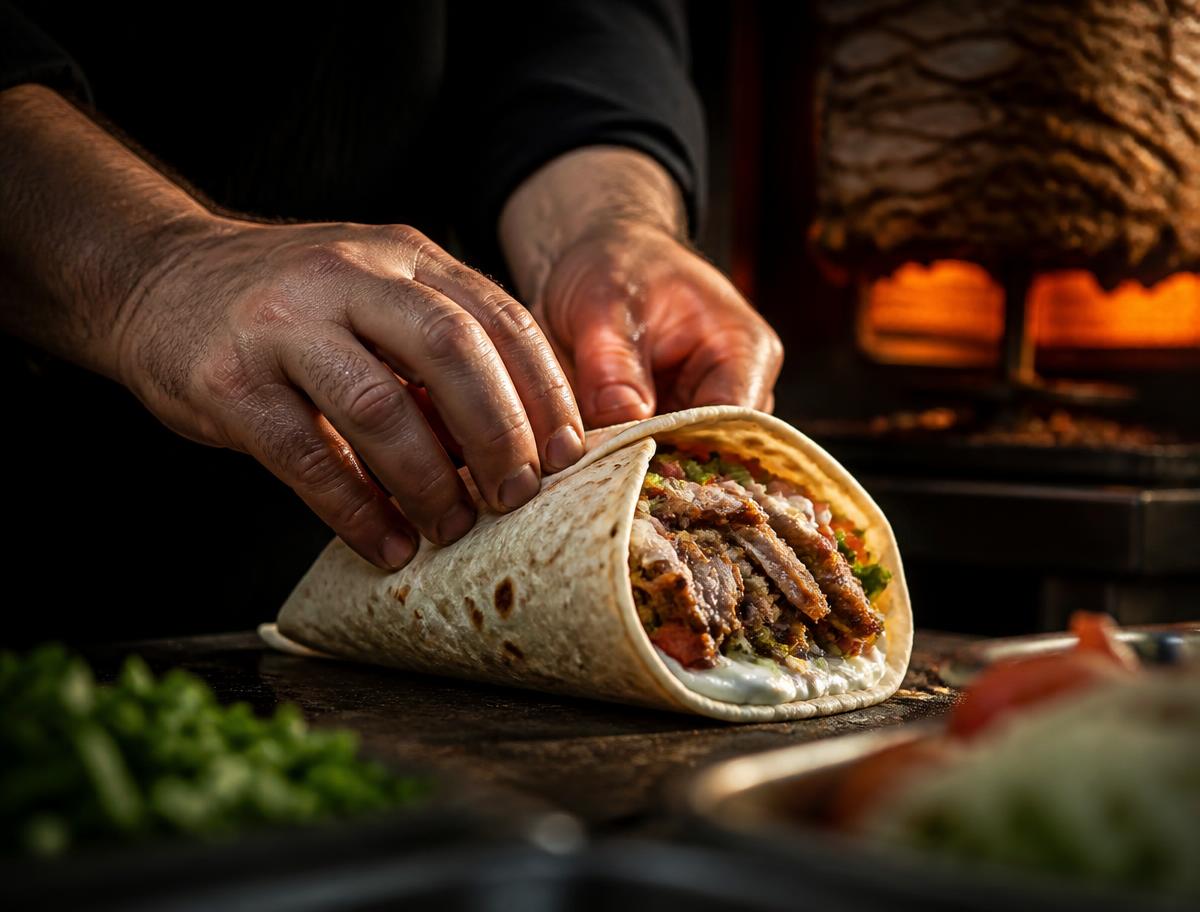 Kokk som ruller fersk shawarma